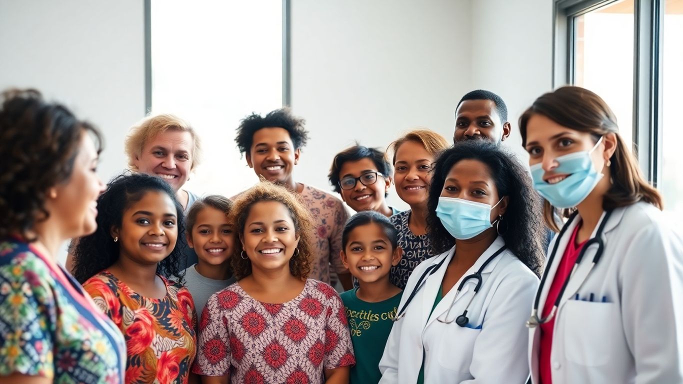 Indigenous Australians and healthcare workers in a clinic.