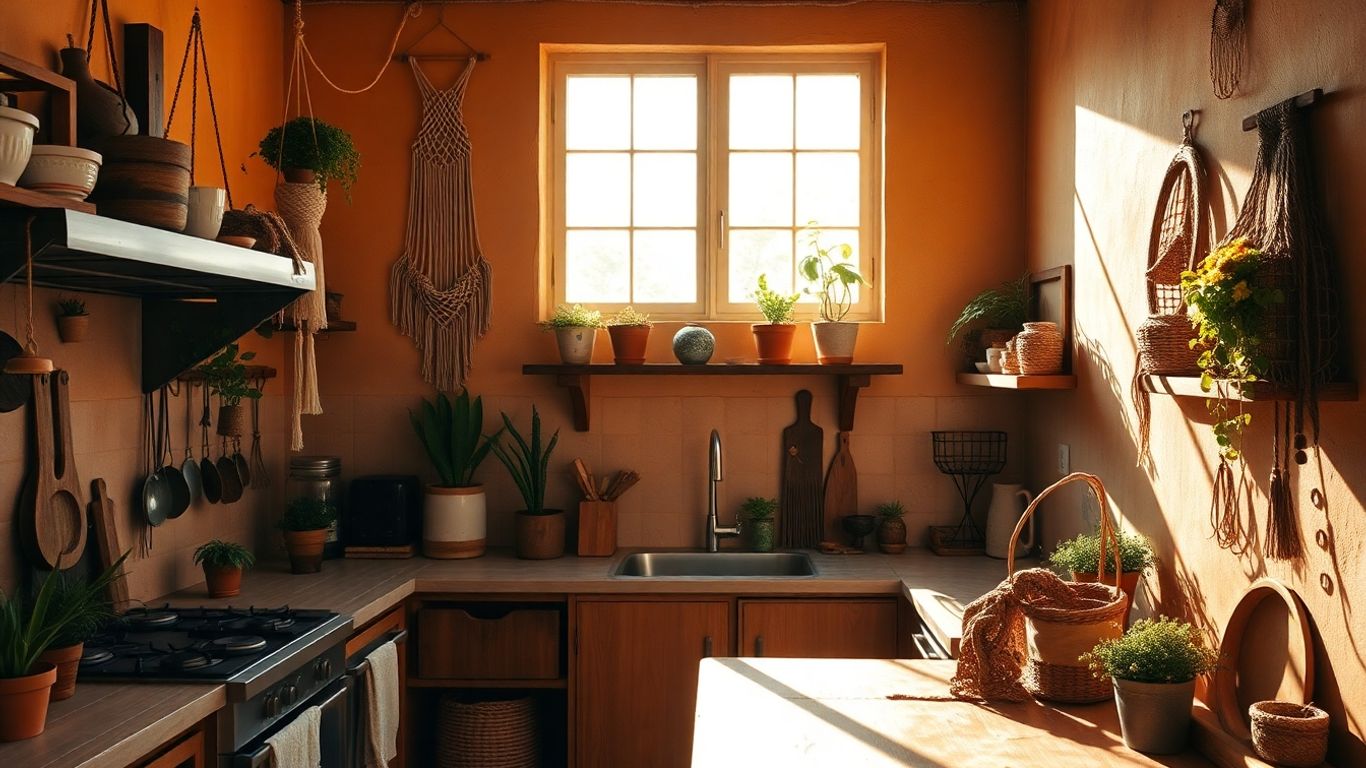 Cozinha boho com plantas e macramê na parede.