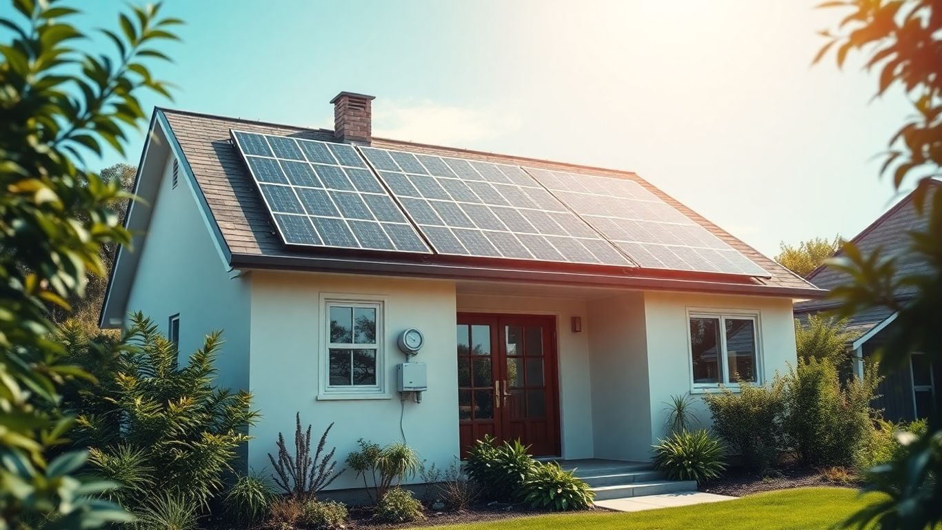 Casă modernă cu panouri solare și ferestre eficiente energetic