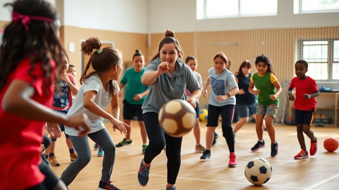 Lehrer leitet sportliche Aktivitäten mit Schülern an.