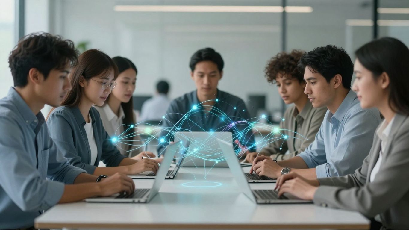 Professionals interacting with blockchain network visualization.