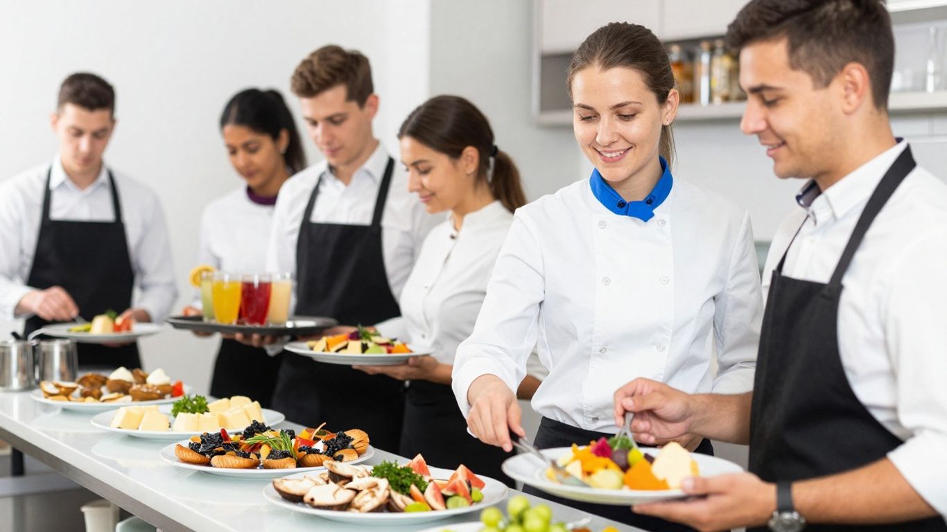 Gastronomiepersonal bedient Gäste bei einer Veranstaltung.
