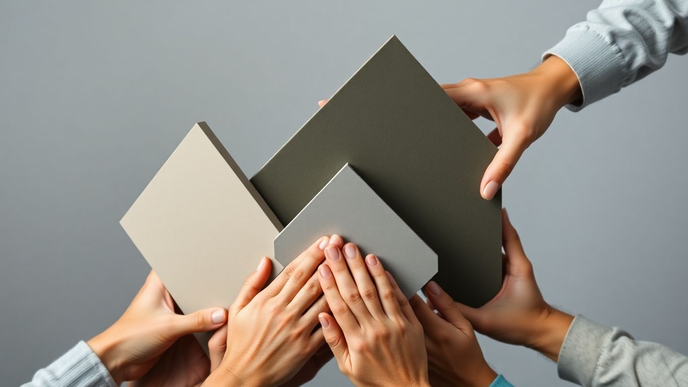 Hands stacking abstract shapes, symbolizing growth.