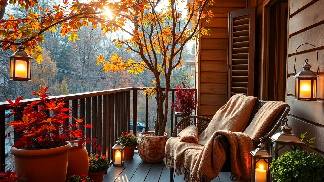 Herbstlicher Balkon mit bunten Blättern und Decken.