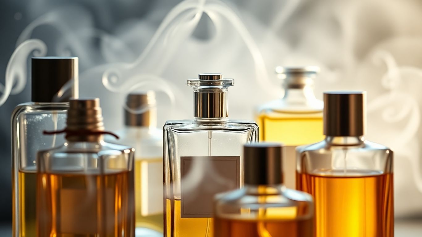 Perfume bottles with mist, suggesting fragrance notes.