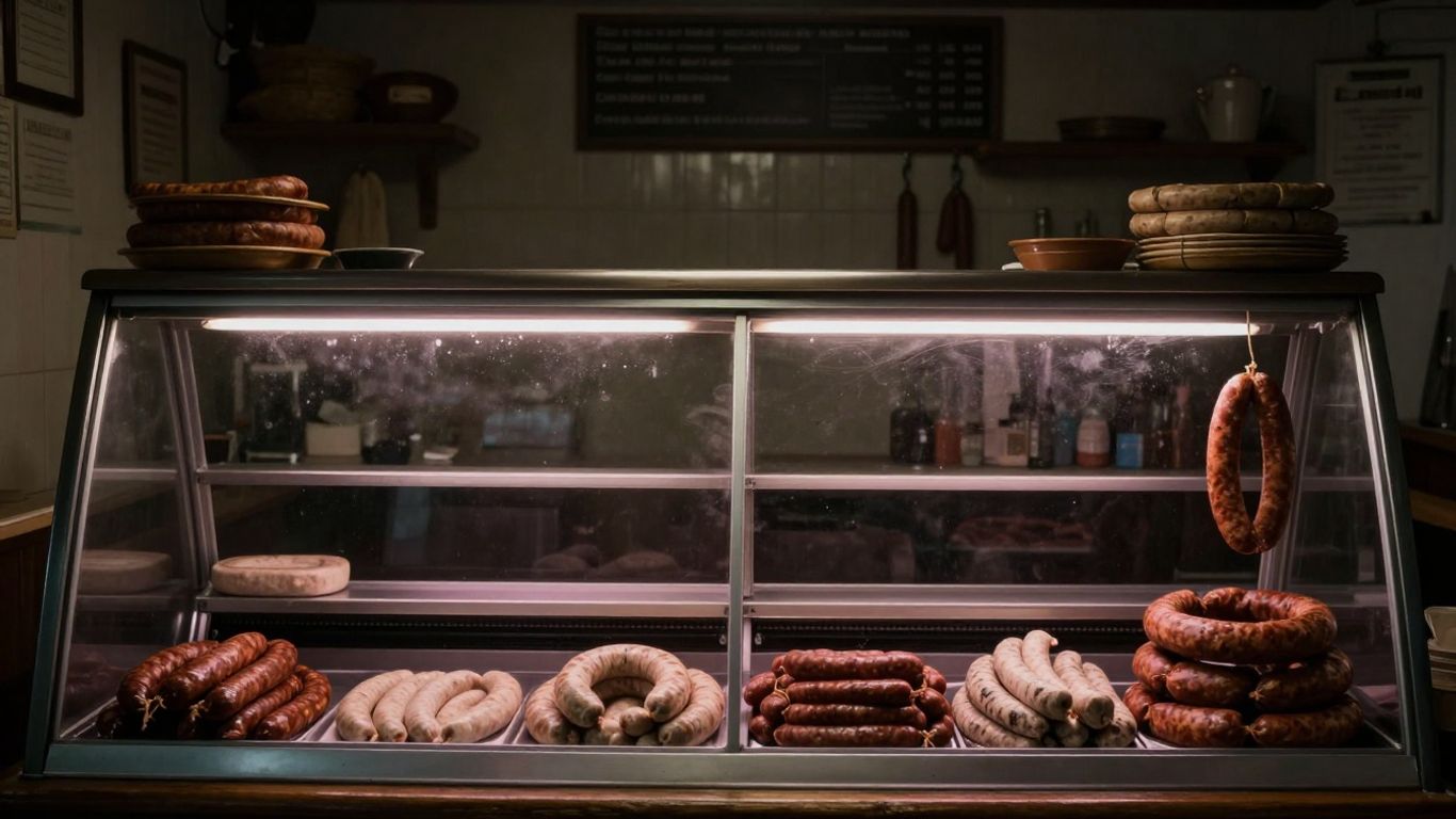 Empty German butcher shop with a single sausage hanging.