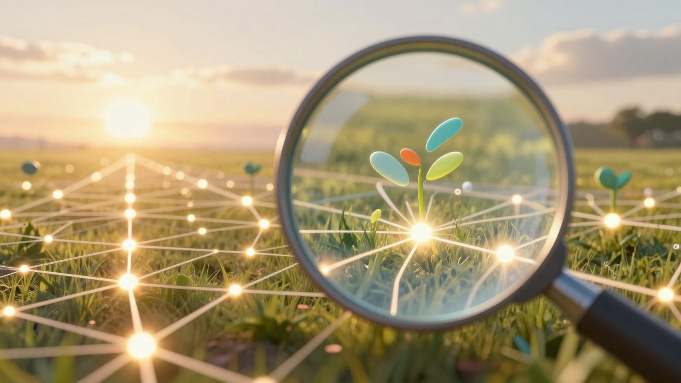 Digital landscape with magnifying glass and network pathways.