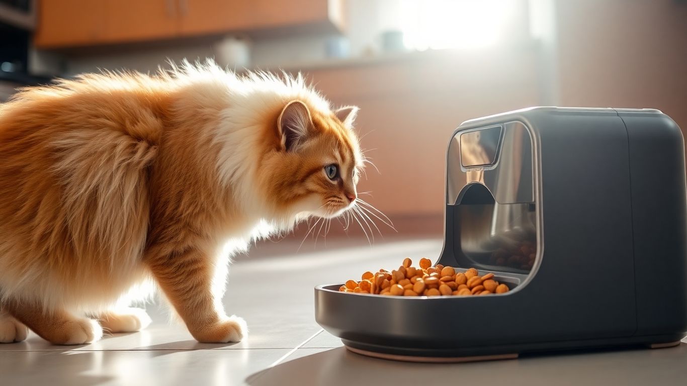 Cat watching automatic feeder dispense food.
