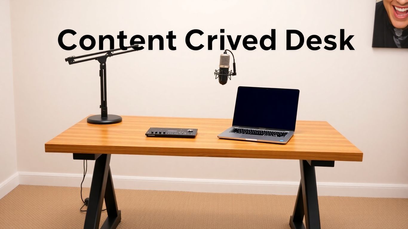 Gator Frameworks Content Creator Desk with podcasting equipment.