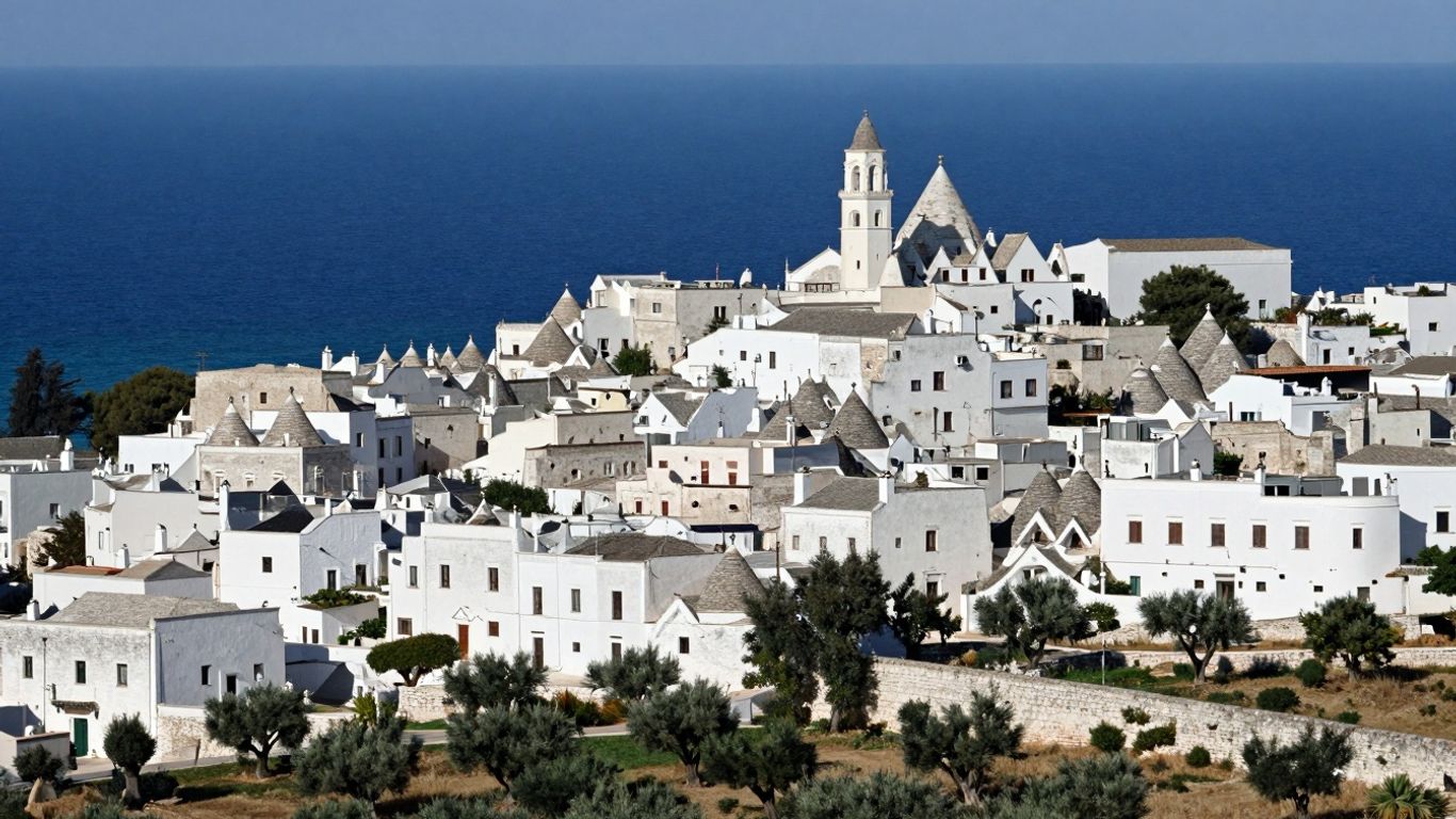 Whitewashed trulli houses in Ostuni, Puglia, overlooking the Adriatic Sea.