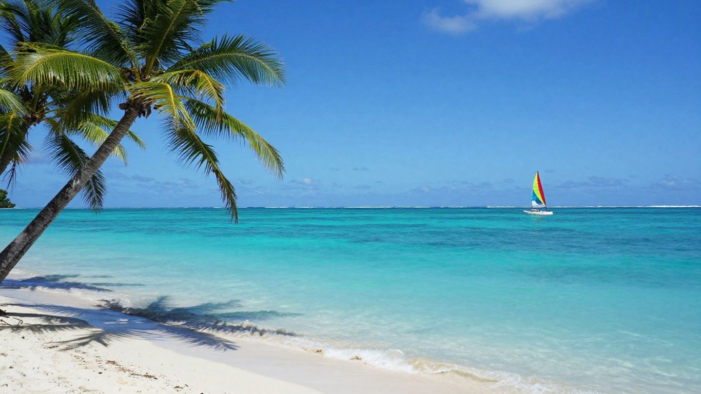 Affordable beach vacation destination with palm trees and clear water.