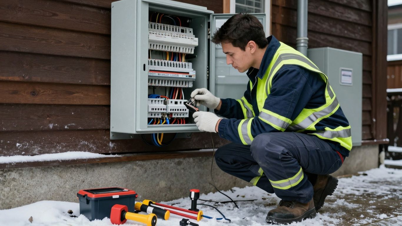 Electrician working on home electrical panel during winter.