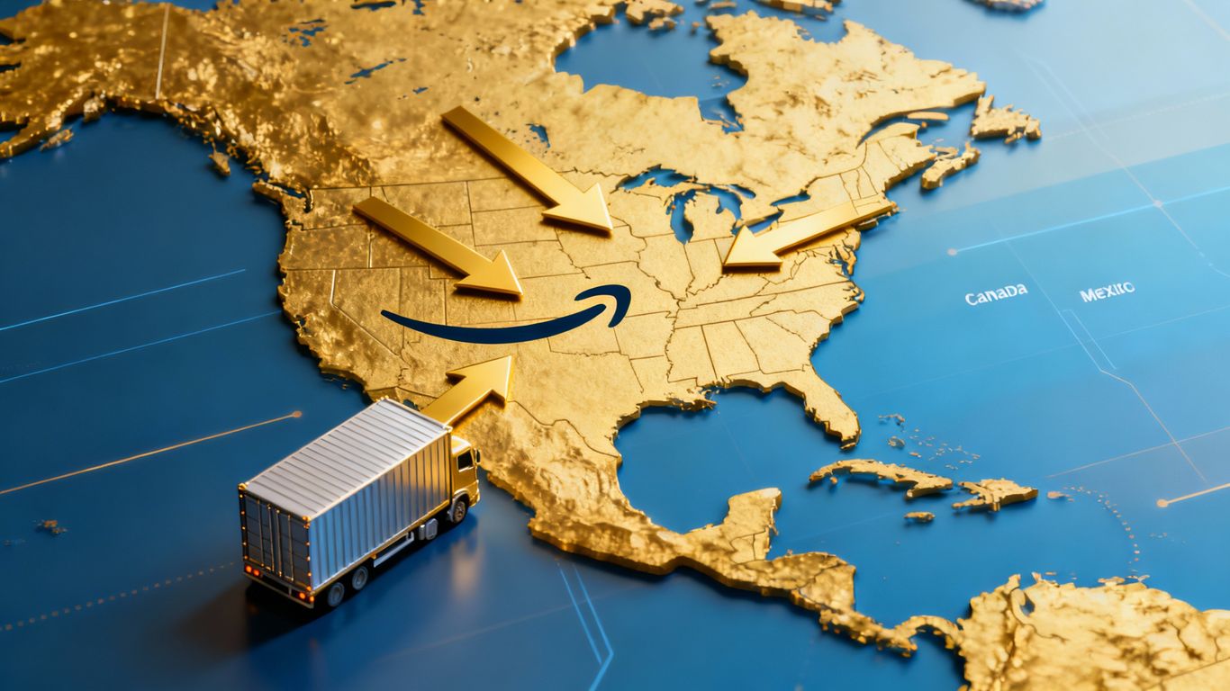 North America map with Amazon logo and shipping arrows.