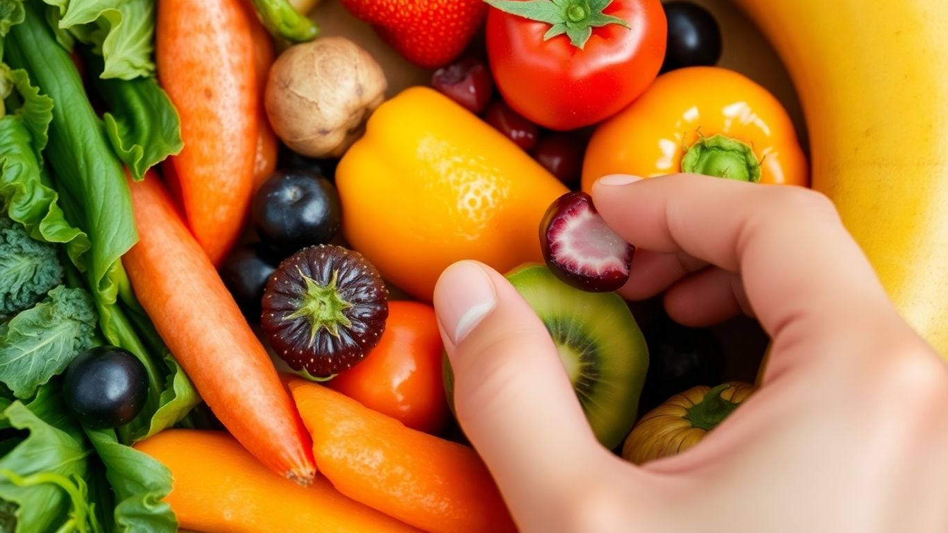 Frisches Obst und Gemüse, Hand berührt Beere