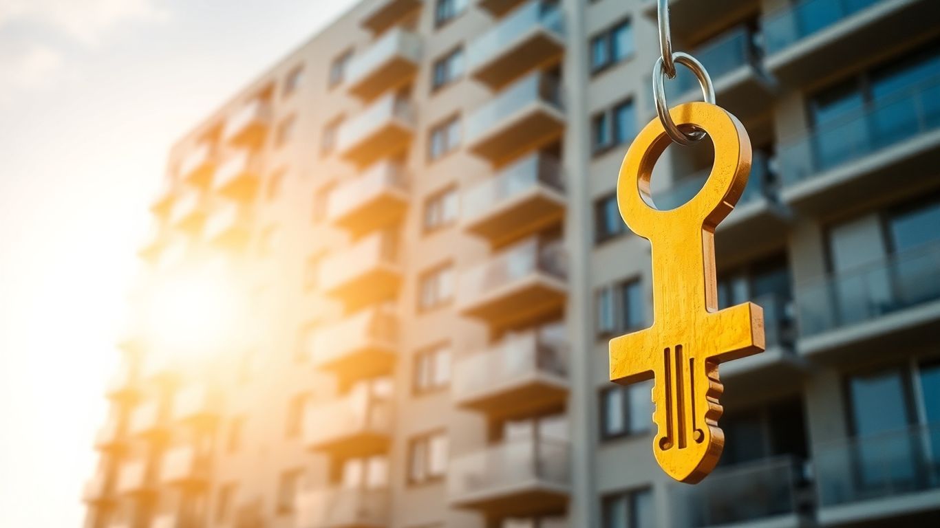 Edificio de apartamentos con llave dorada, seguro y prosperidad.
