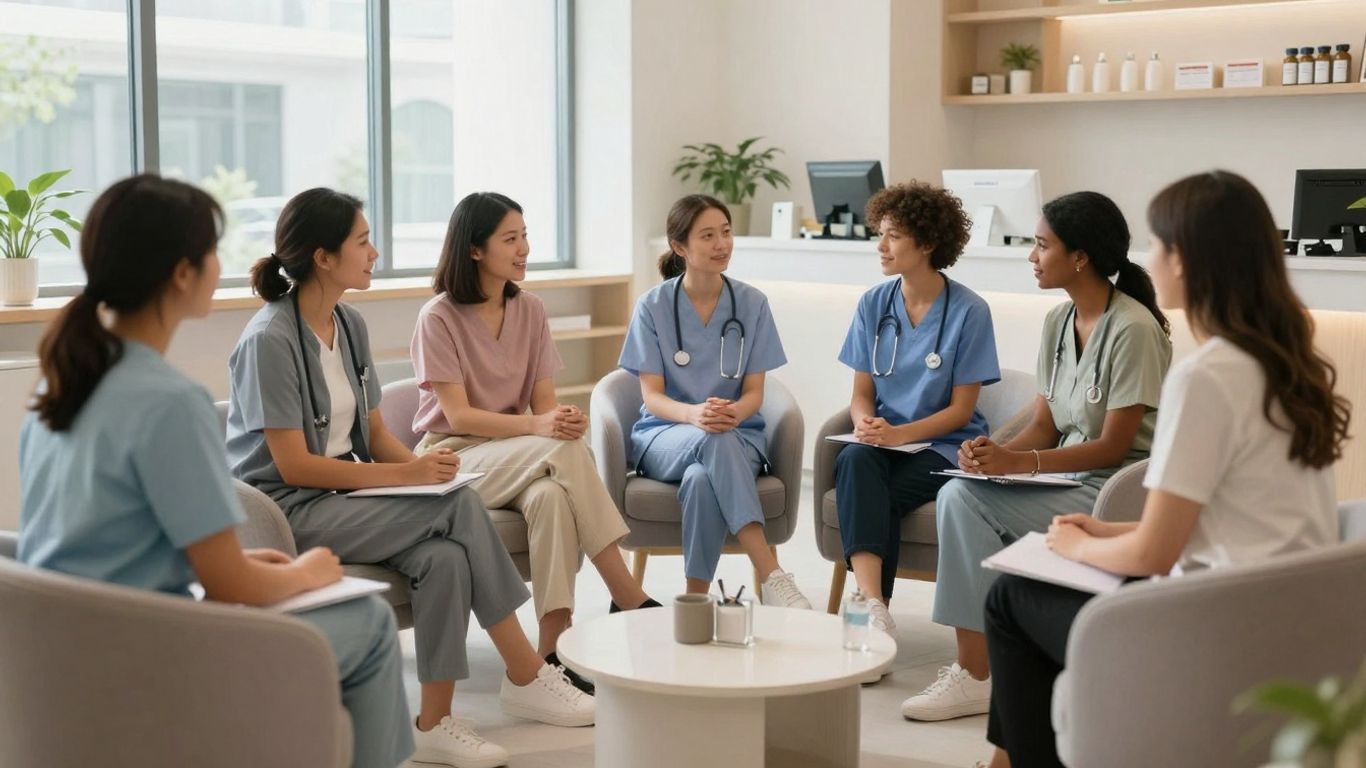 Weight loss clinic interior with people.