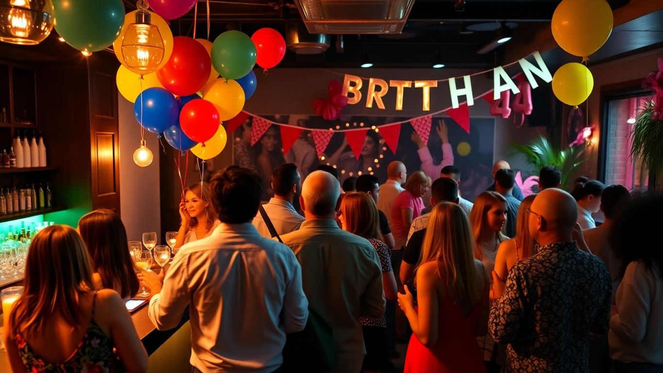 Adult birthday party venue in Dallas with decorations and guests.