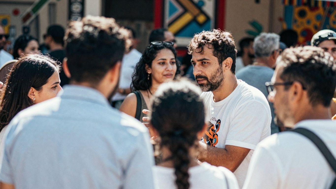 Oameni interacționând într-un cadru cultural vibrant.