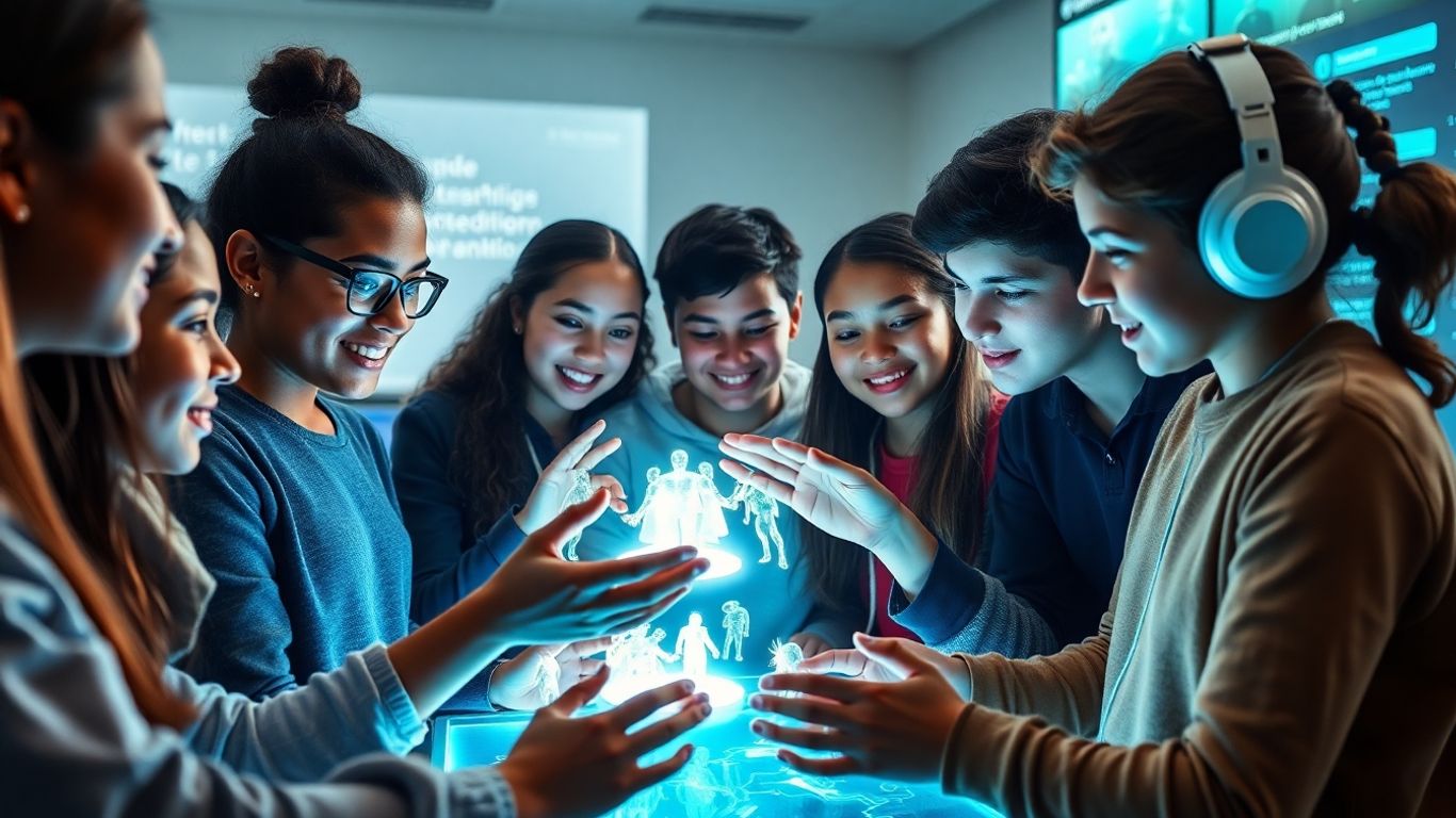 Students using holographic technology in a modern classroom.