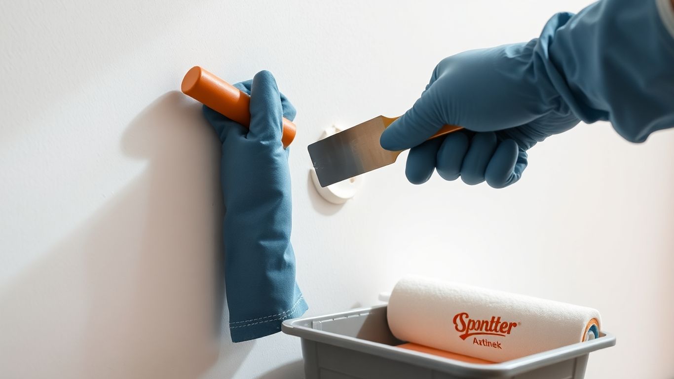 Repairing and painting a damaged wall close-up