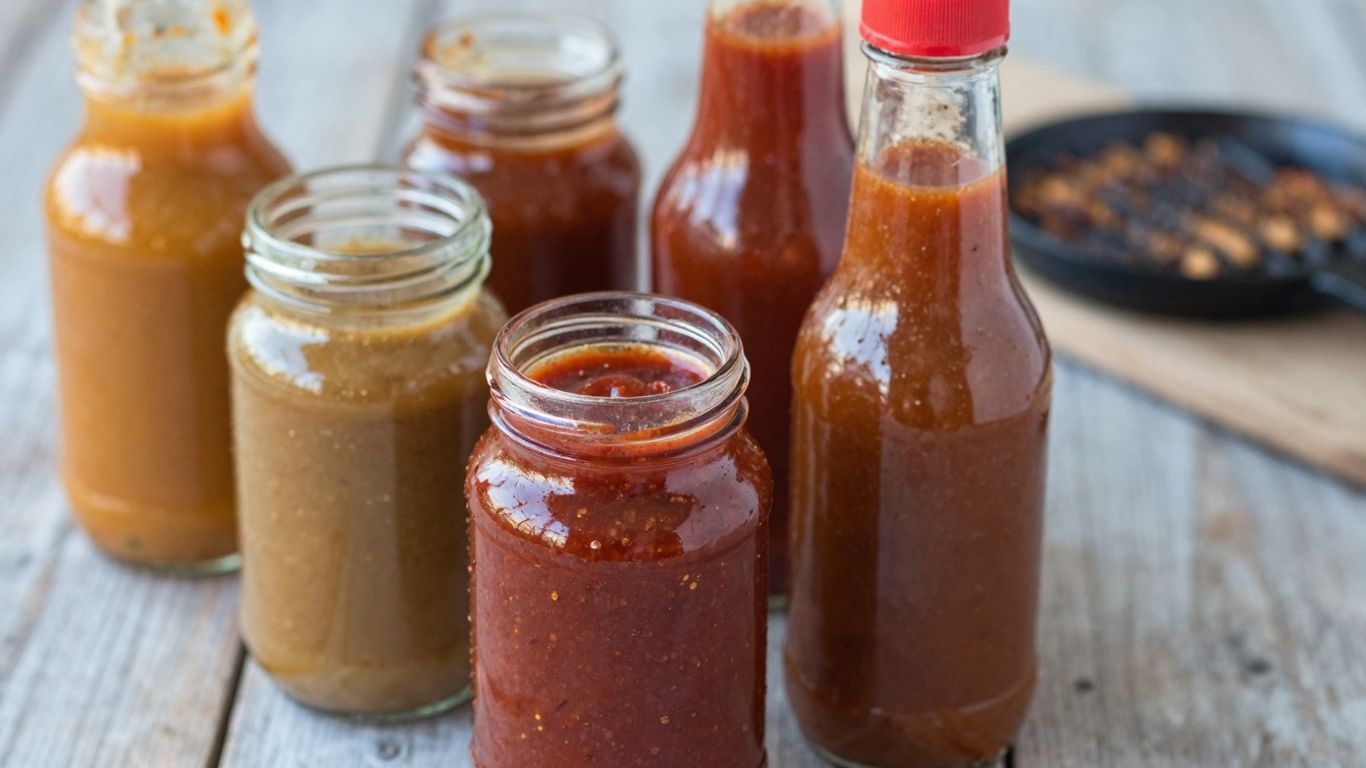 Assortment of homemade BBQ sauces in jars.