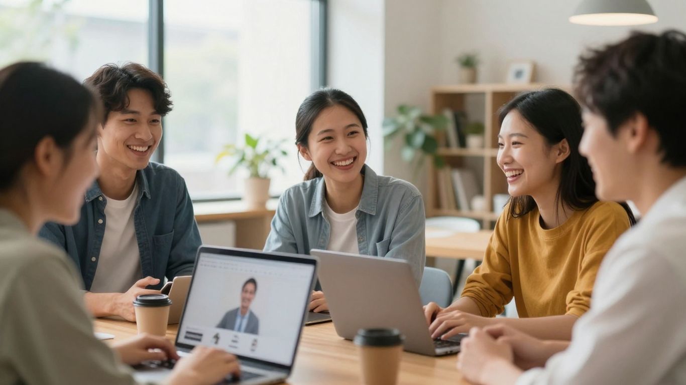 Diverse people connecting in a bright, modern space.