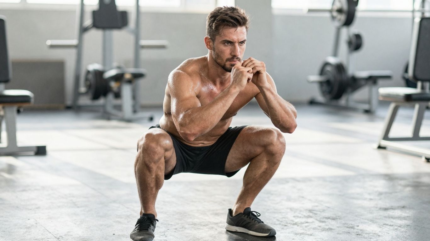 Atleta treinando forte com técnica perfeita na academia.