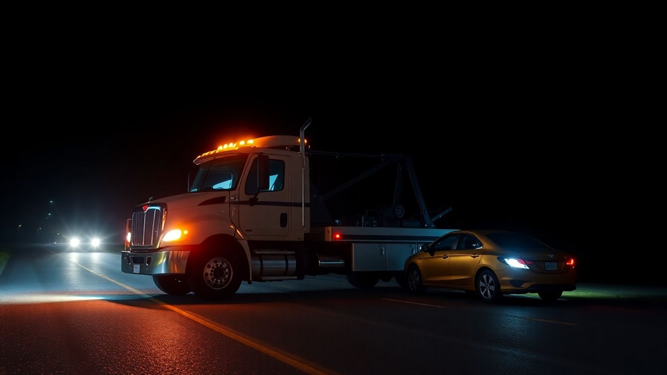 Tow truck arriving at a disabled car on a dark road.