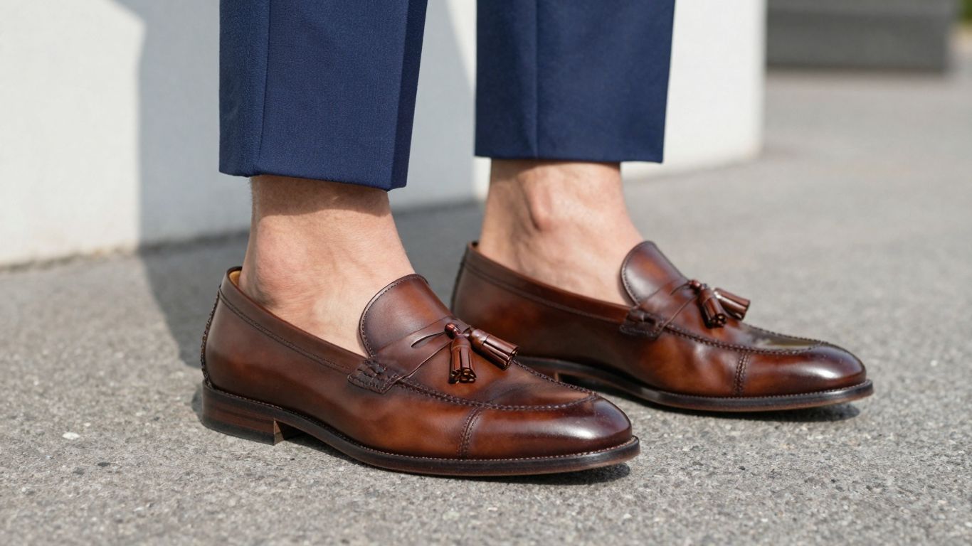 Man wearing brown tassel loafers with a navy suit.