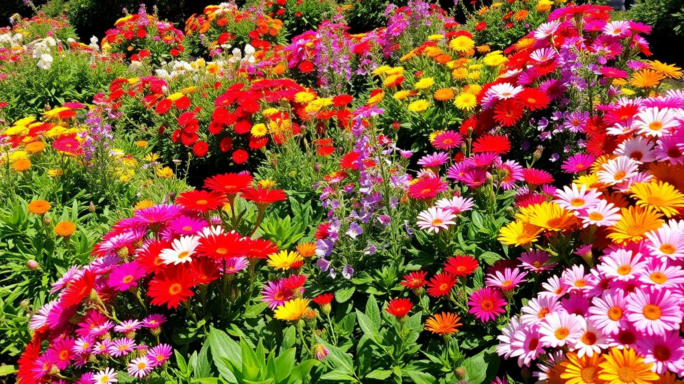 Flores coloridas e exuberantes em jardim português.