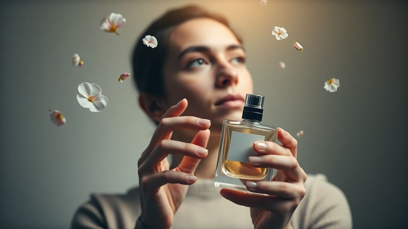Person holding perfume bottle, surrounded by scent swirls.