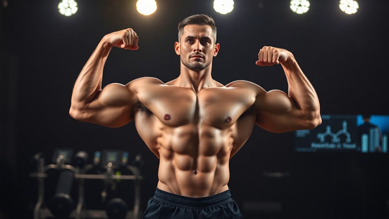 Bodybuilder on stage with performance enhancement hints.