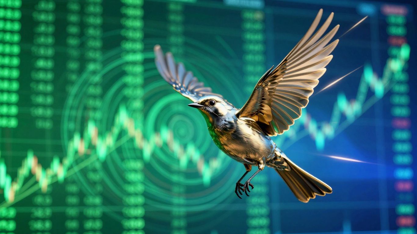 Robinhood trading legend bird soaring through digital financial data.