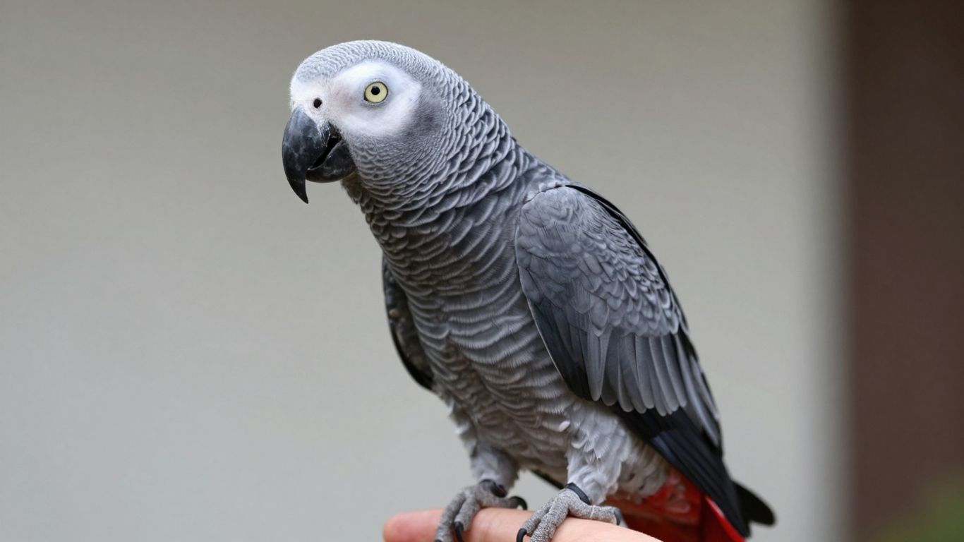 Congo African Grey parrot perched on a hand.
