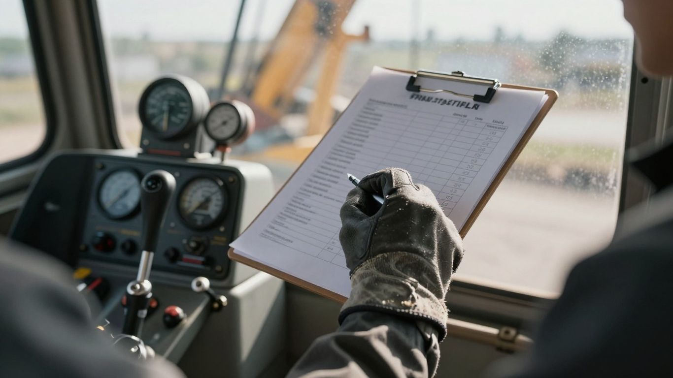 Crane operator's hand with checklist in cabin.