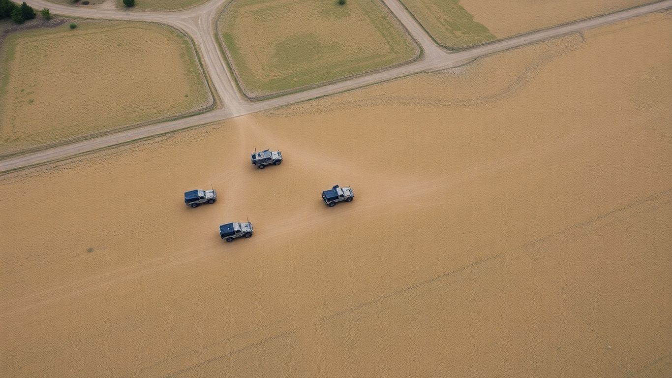 Véhicules militaires en formation dans une zone d'exercice.