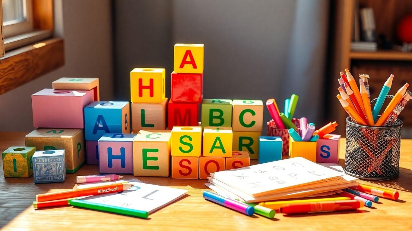 Preschool learning pack with blocks, cards, and art supplies.