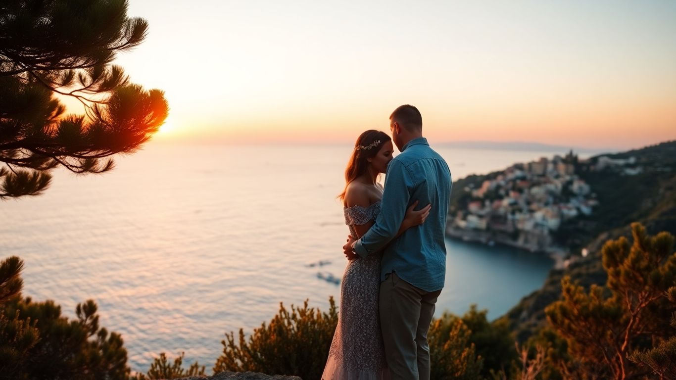 Couple enlacé au coucher de soleil sur la côte de Cassis