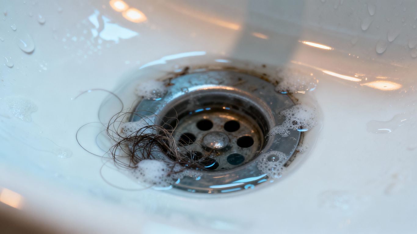 Clogged sink drain with pooling water and debris.