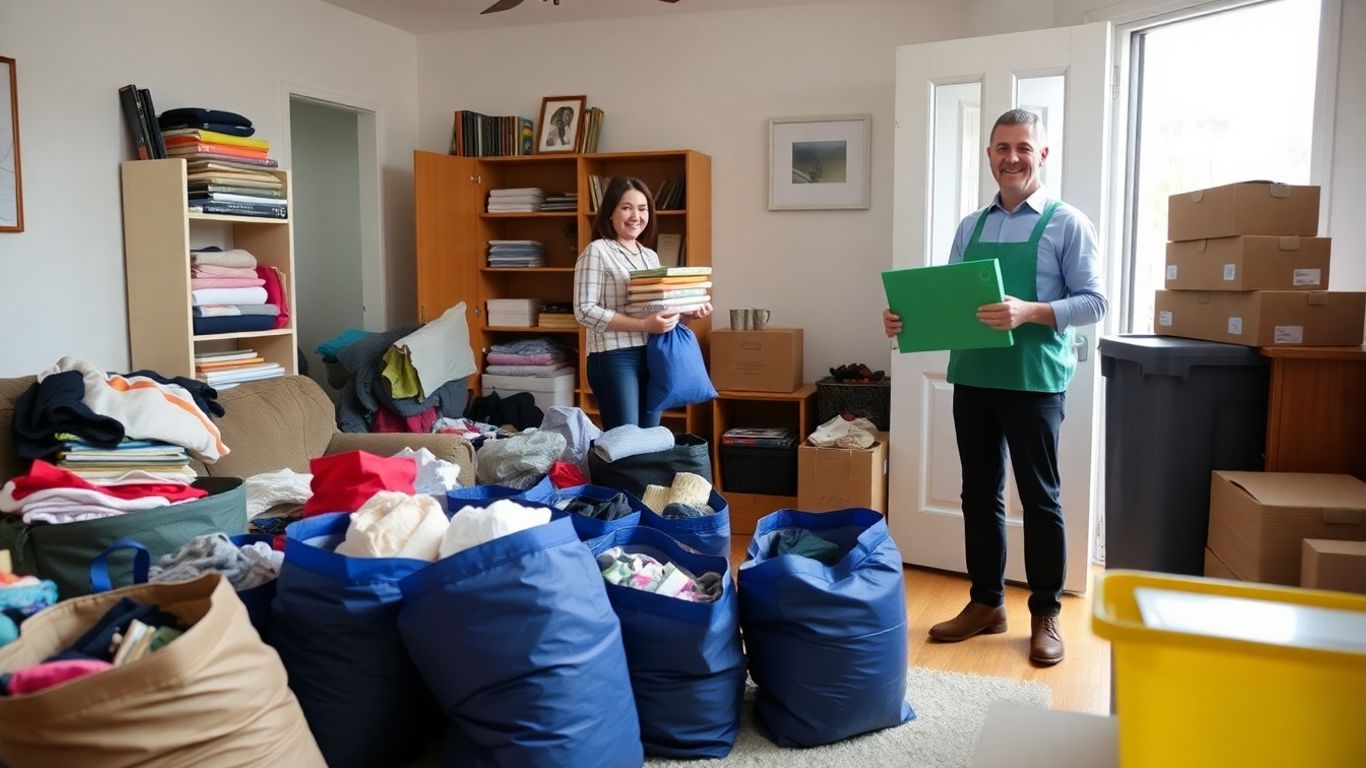 People donating items while moving out of apartment