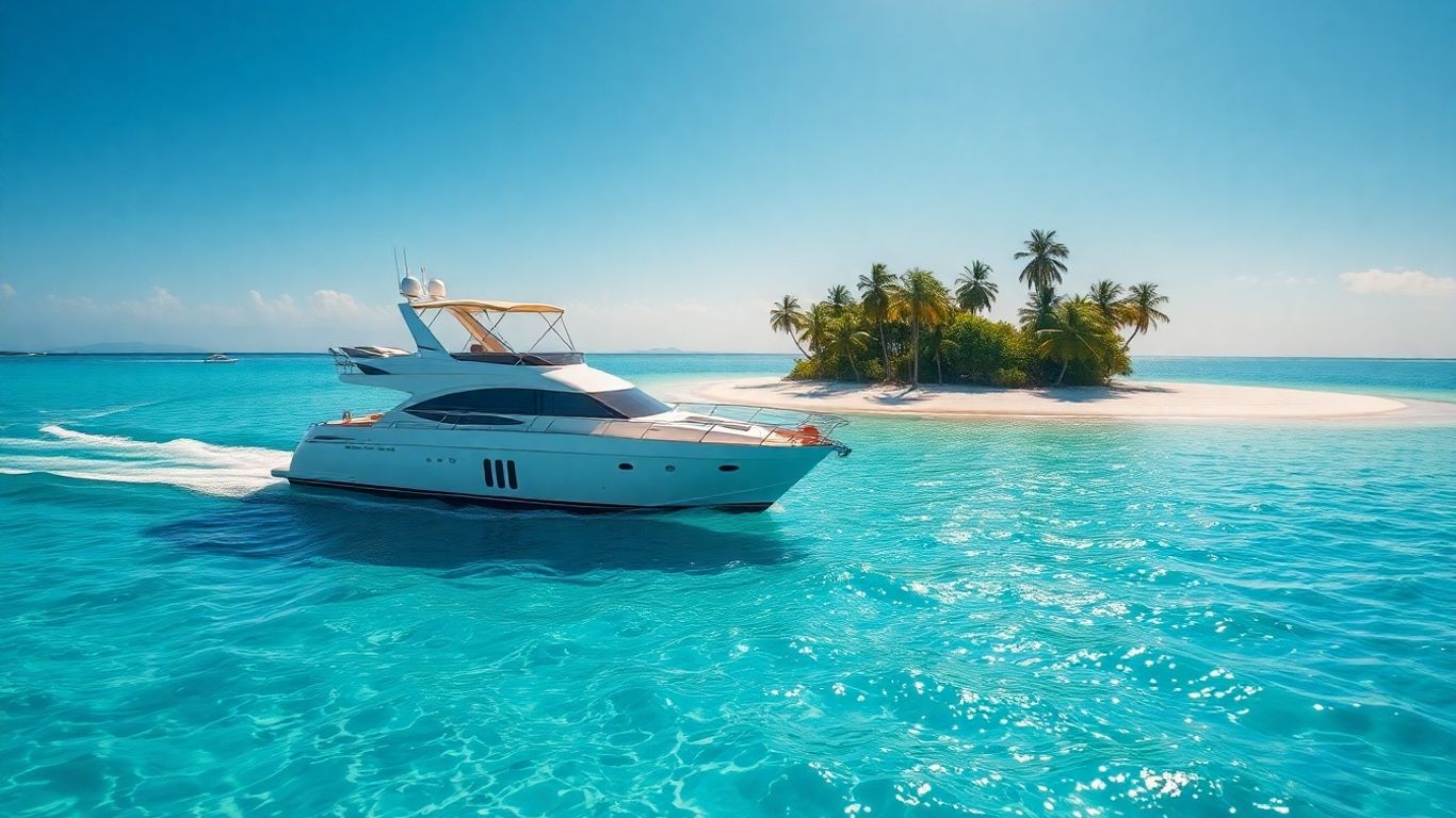 Luxurious yacht sailing near a tropical island paradise.