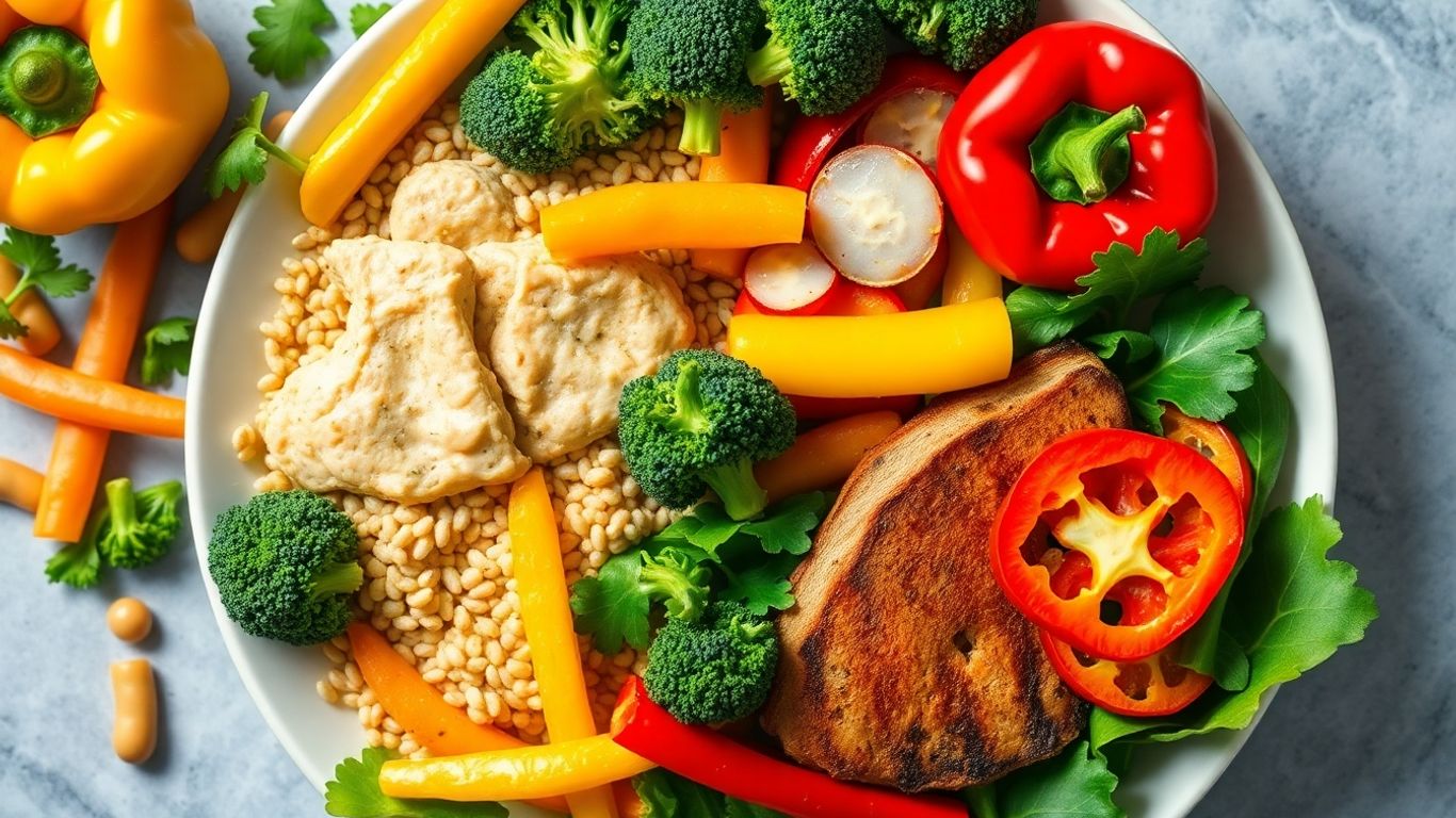 Colorful healthy meal with vegetables, protein, and grains.