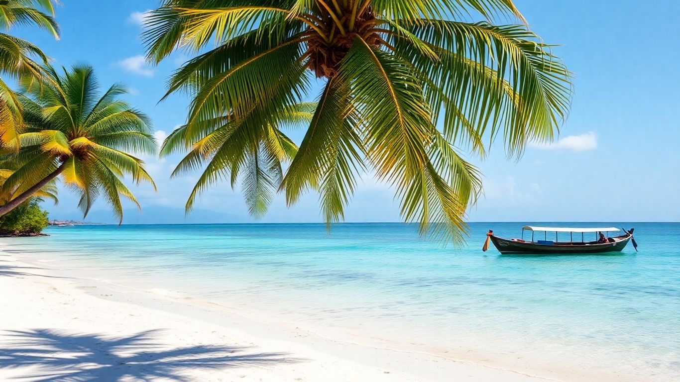 Phuket beach with palm trees and longtail boat.