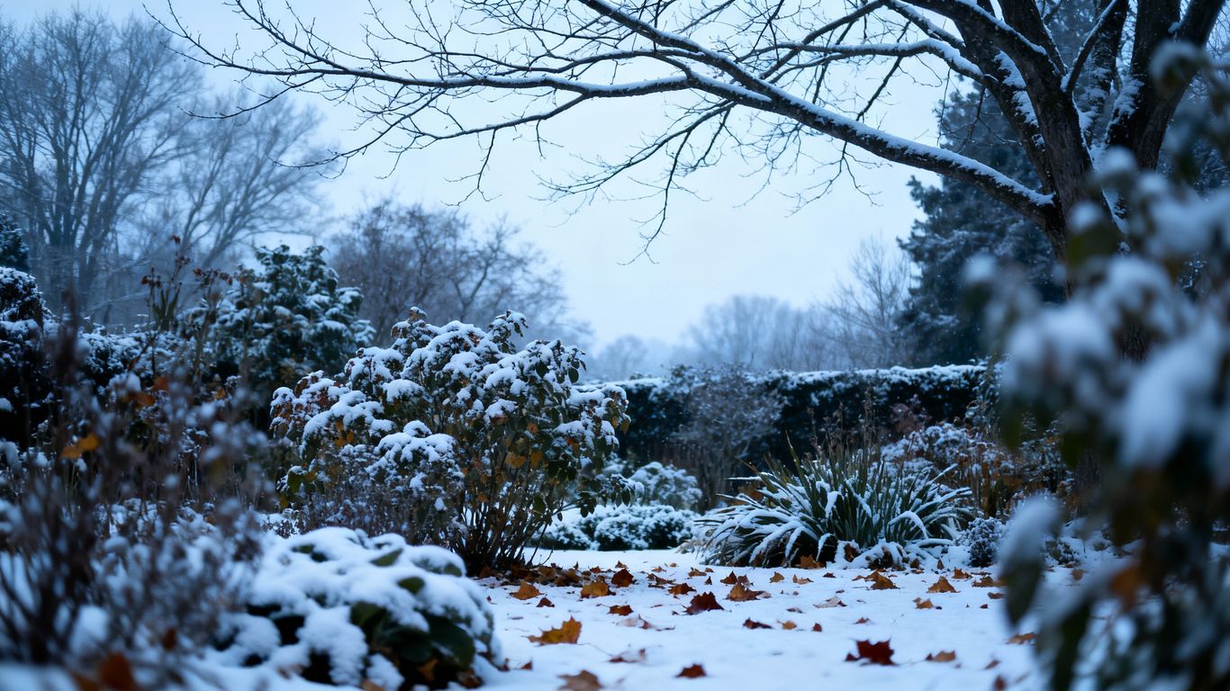 Garden covered in light snow, trees, fallen leaves.
