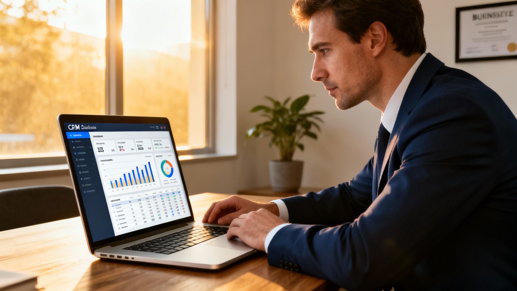 business owner reviewing CRM dashboard on laptop