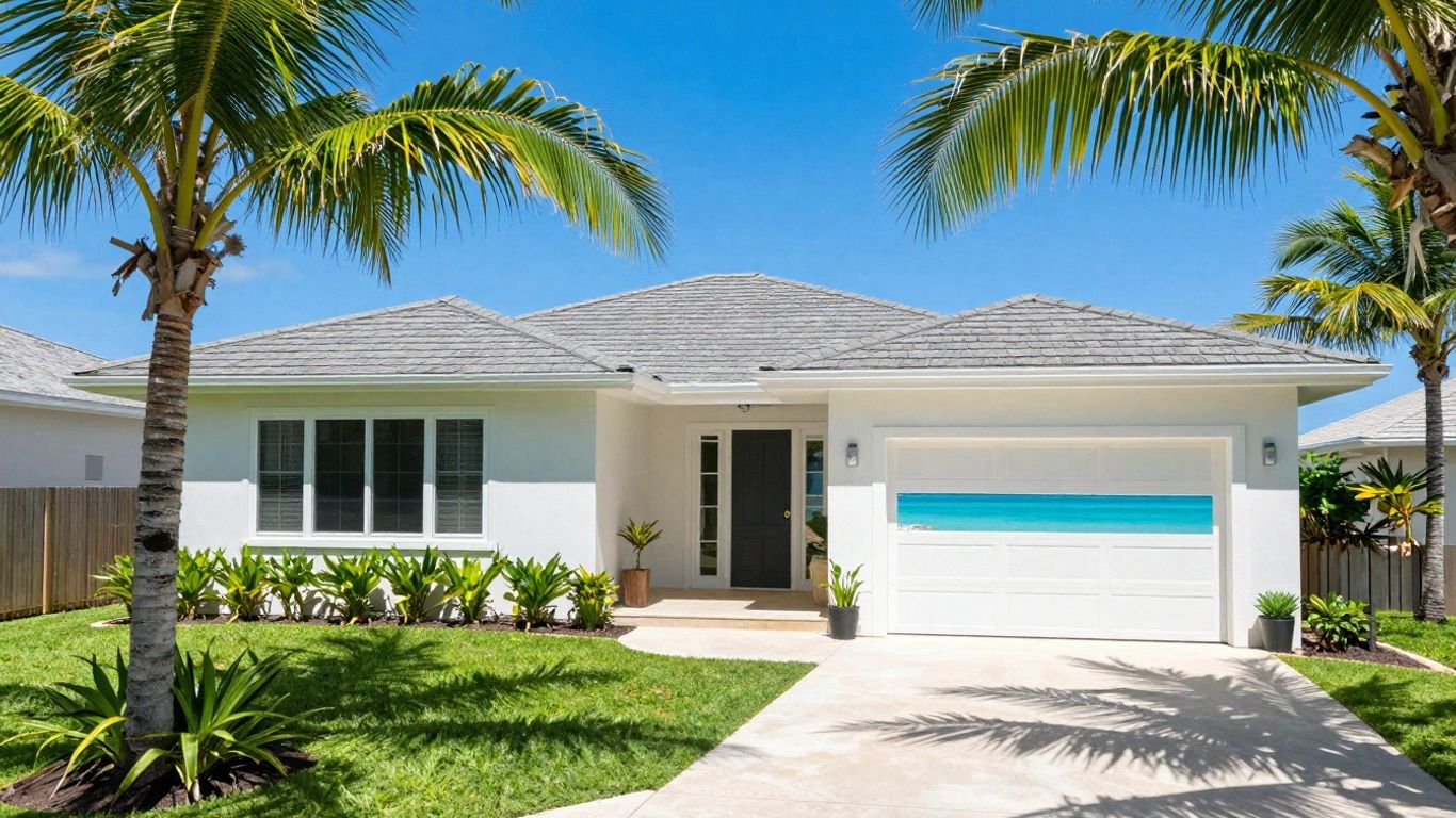 Casa vacacional moderna con playa y palmeras.