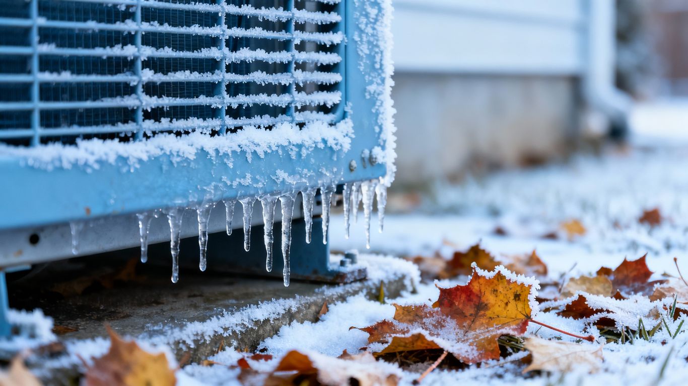HVAC unit covered in frost during a sudden temperature drop.