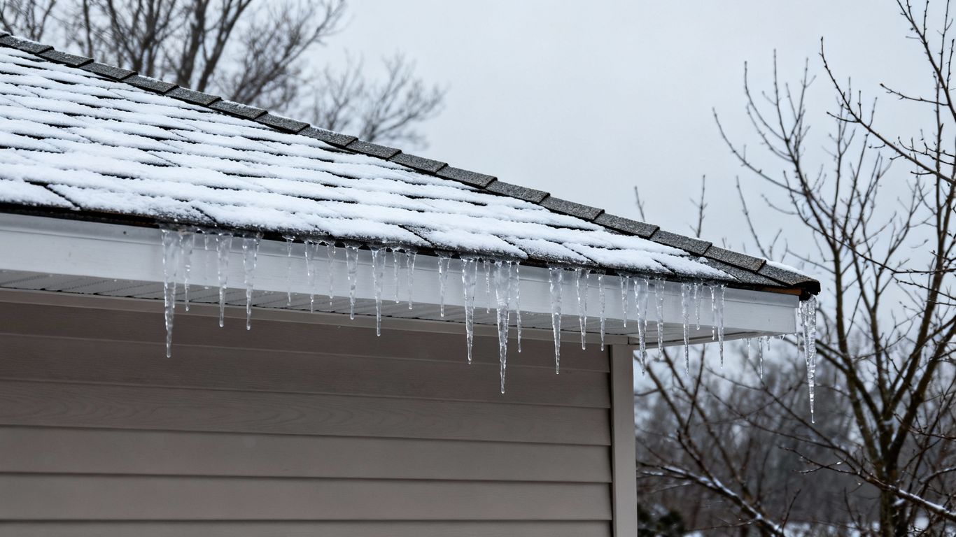 Snow-covered roof with icicles, ready for winter.