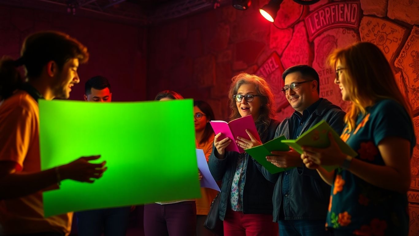 People interact in colorful, sensory-rich storytelling scene.