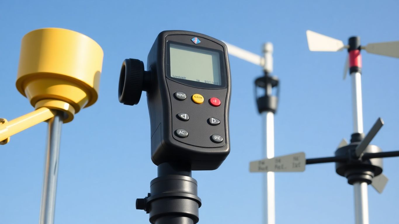 Différents anémomètres devant un ciel bleu dégagé.